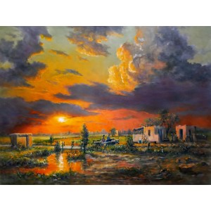 Hanif Shahzad, Sunset I, 27 x 36 Inch, Oil on Canvas, Landscape Painting, AC-HNS-097